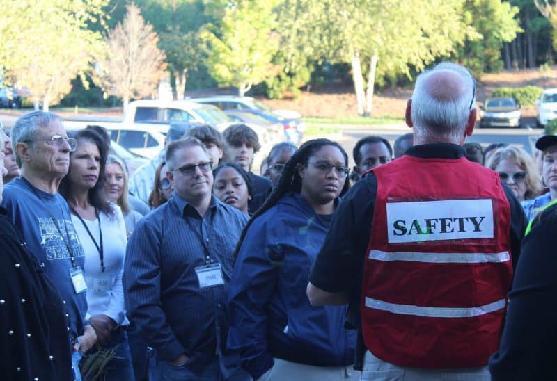 WGTC Police Chief James Perry gives role players safety instructions before the exercise begins.