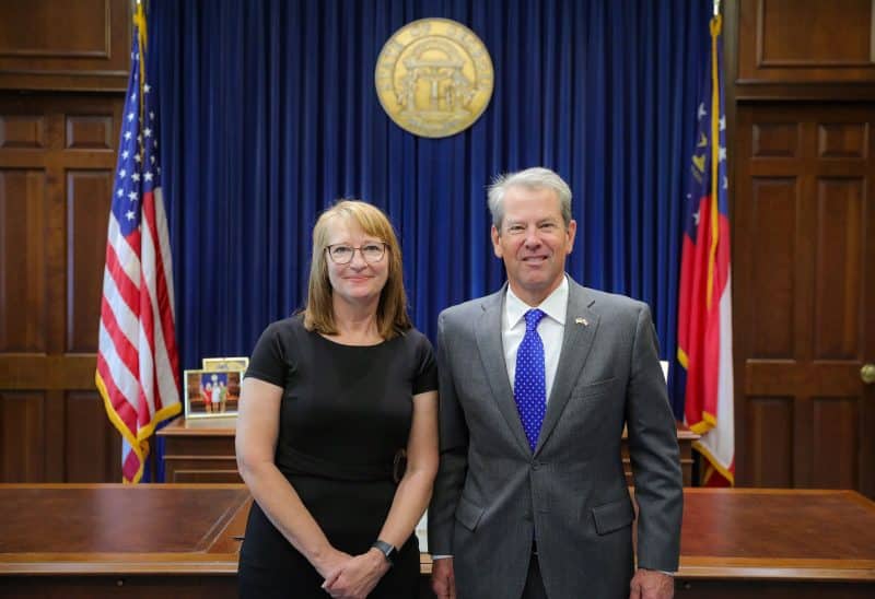 Joyce Freeman poses for photo with Governor Brian Kemp after being sworn in as a member of the Georgia Board of Early Care and Learning